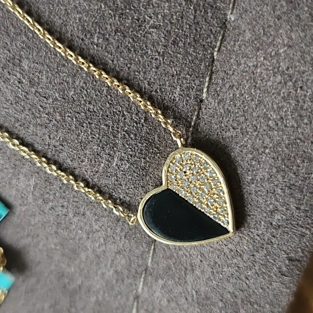 14k Solid Yellow Gold Onyx & Diamond Heart Chain Necklace, EFFY